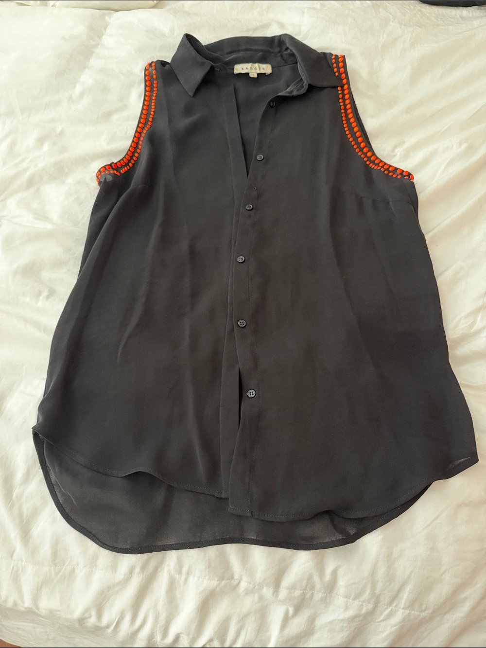 Sandro Black Sleeveless Button-Down Top with Orange Bead Trim